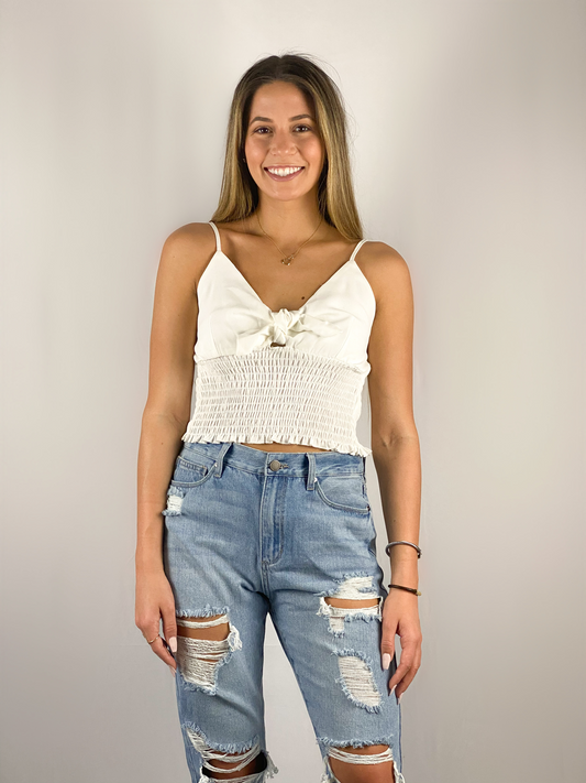 Beach Please Ruched Bow Tank / White