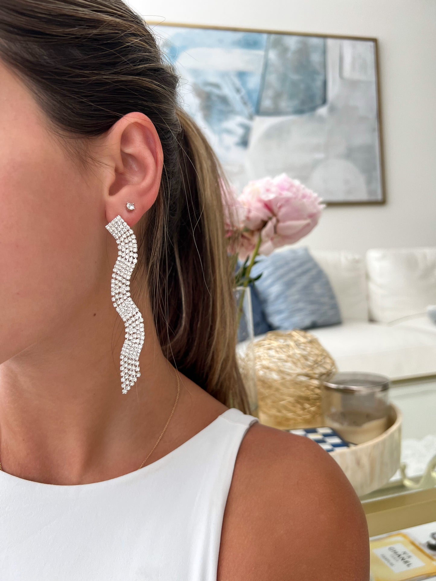 Wavy Rhinestone Drip Earrings / Silver