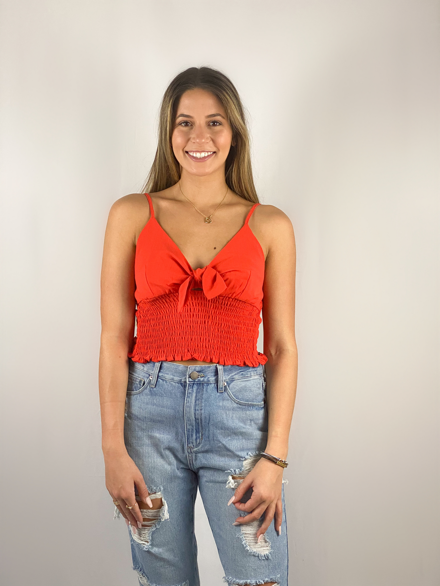 Beach Please Ruched Bow Tank / Red